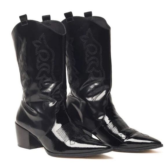 Vicson Juana Shiny Leather Mid-Calf Pointed Cowboy Boots Black Women's Size 8